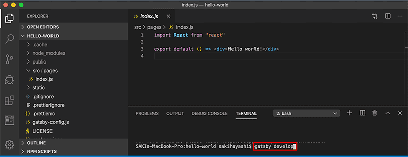 VSターミナルからGatsbyのDevelopコマンドを使う