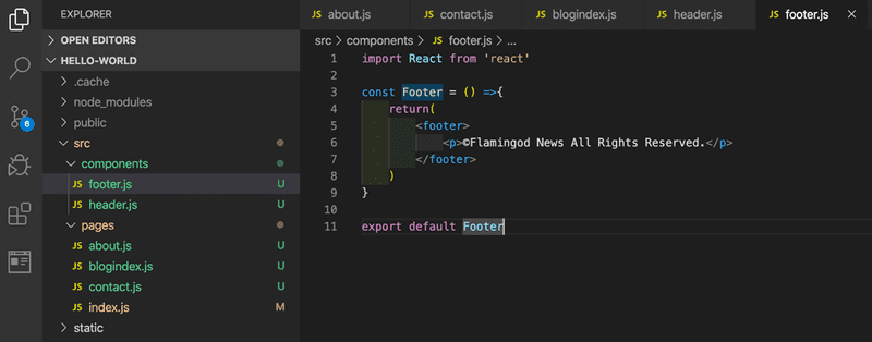 VSコードエディターでファイルを作成し、フッターコンポーネントを作る